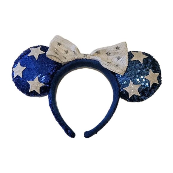 Disney Accessories - Disney Parks Minnie Mouse USA America Blue Sequin White Stars Bow Ears Headband